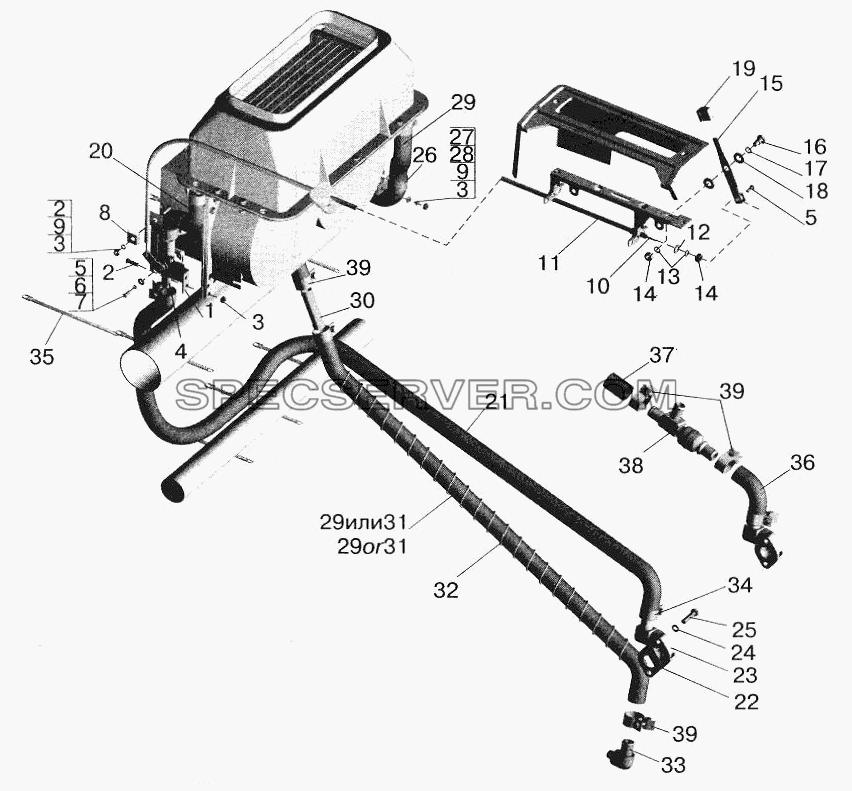 Установка шлангов и крана управления отопителем для МАЗ-5516 (2003) (список запасных частей)