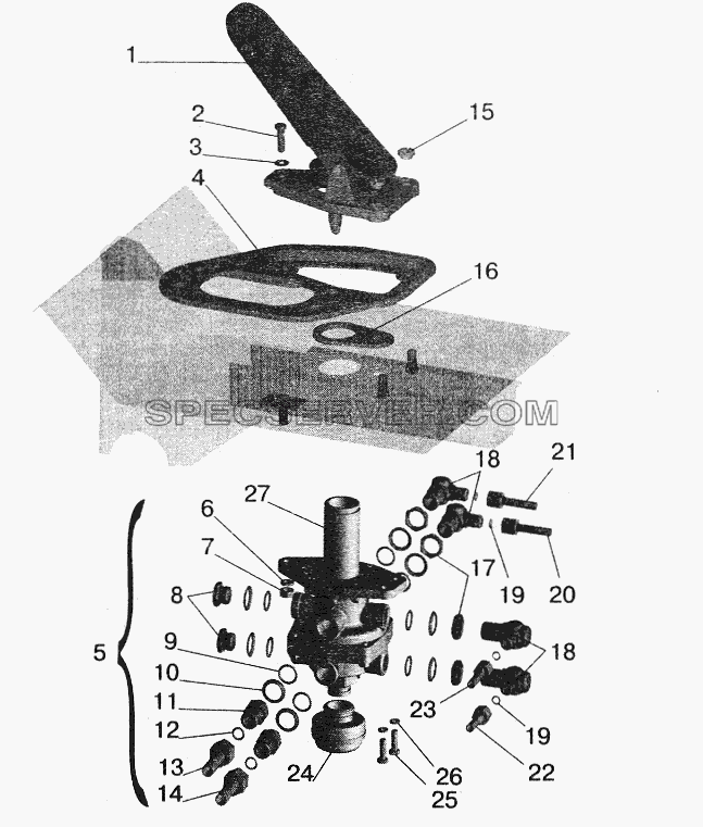 Тормозной кран с присоединительной арматурой МАЗ-642208, 642205 для МАЗ-5516 (2003) (список запасных частей)