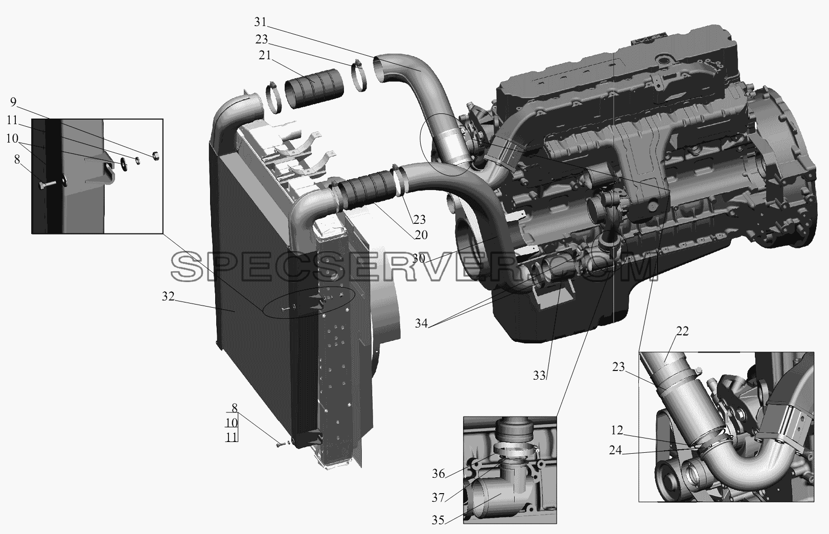 Система охлаждения наддувочного воздуха для МАЗ-631236 (список запасных частей)