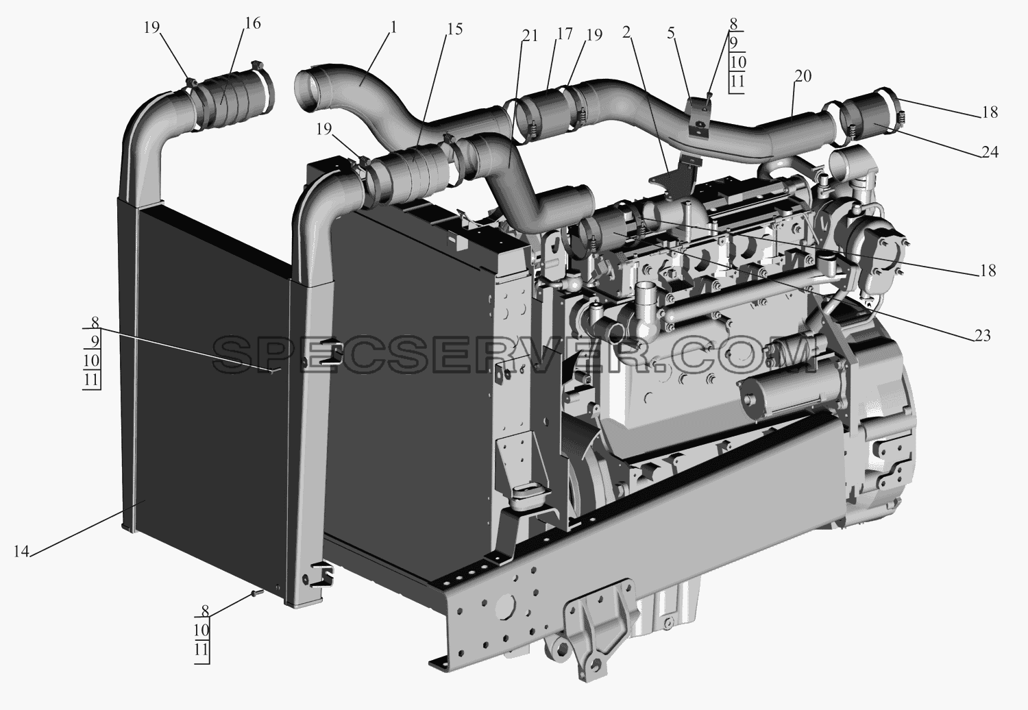 Установка системы охлаждения наддувочного воздуха для МАЗ-630333 (список запасных частей)