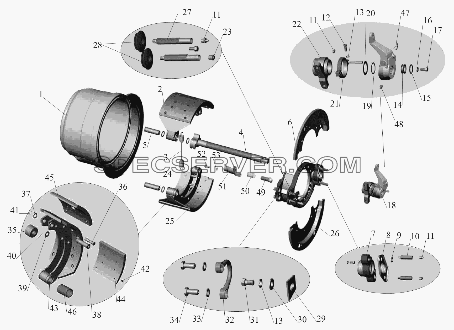 Тормозной механизм задних колес и средних колес (для барабана диаметром 410мм, с шириной накладок 220мм) для МАЗ-650119 (список запасных частей)
