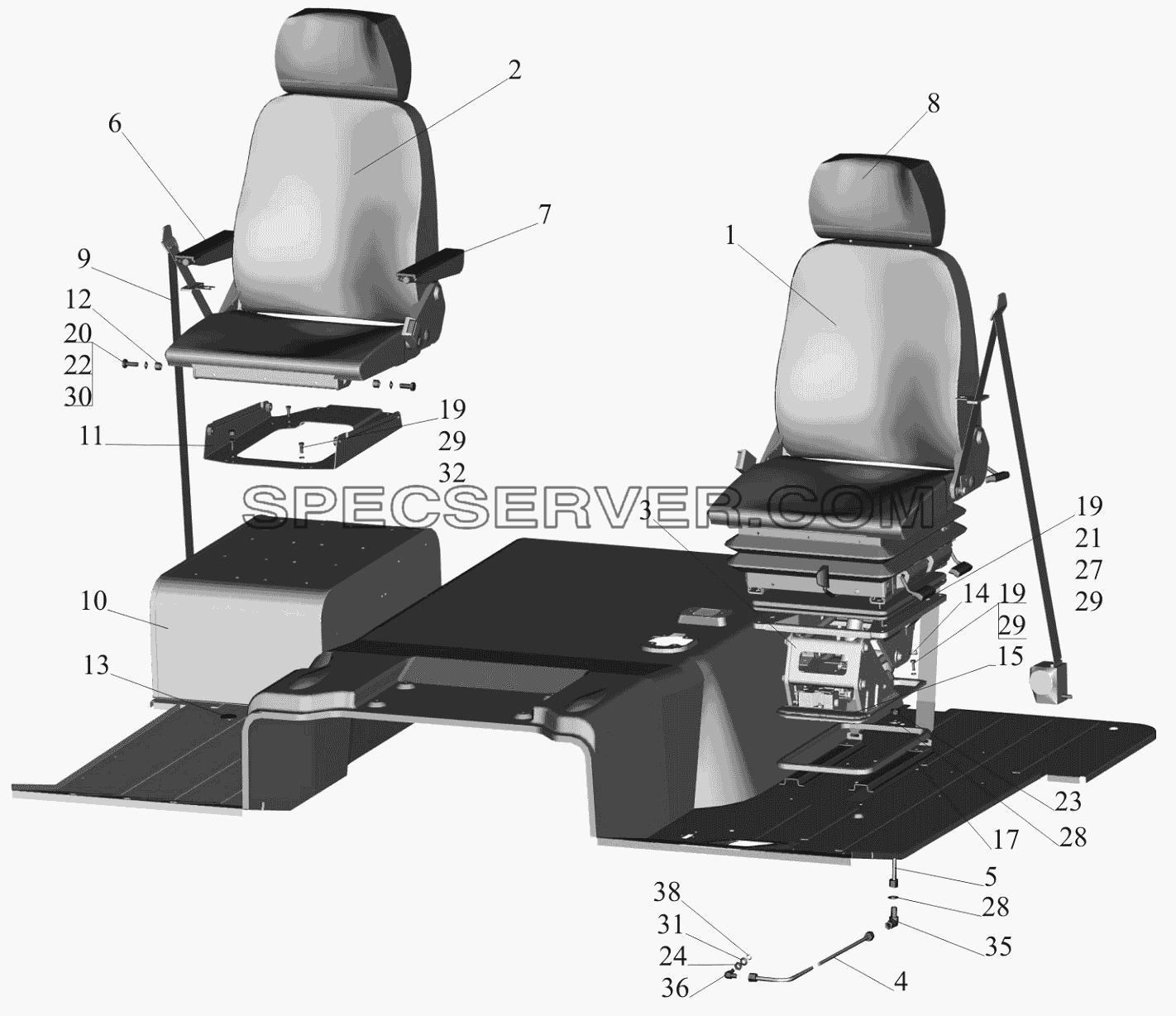 Установка и пневмопитание сидений 544003-6800006 для МАЗ-650119 (список запасных частей)