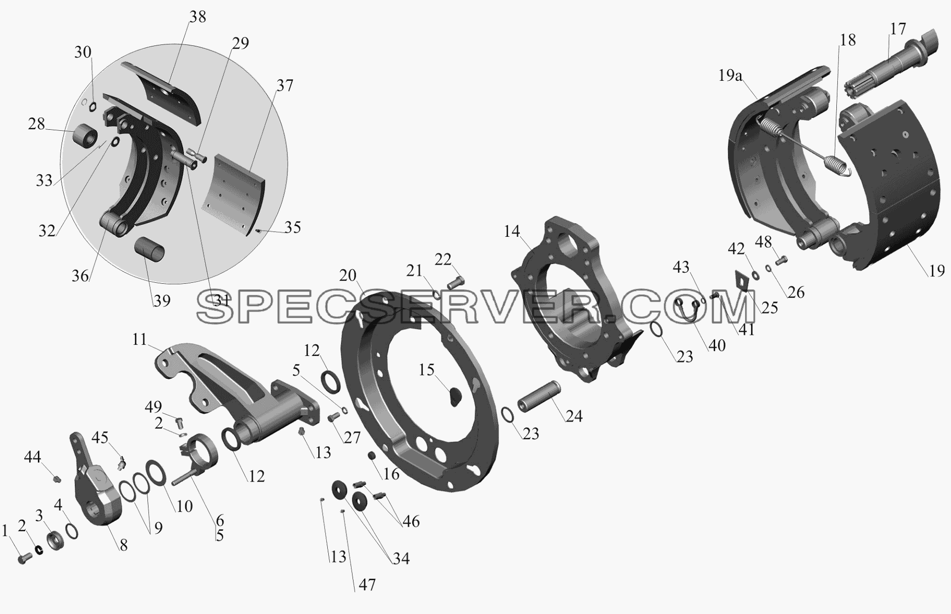 Тормозной механизм передних колес 6516-3501004 (6516-3501005) для МАЗ-650119 (список запасных частей)