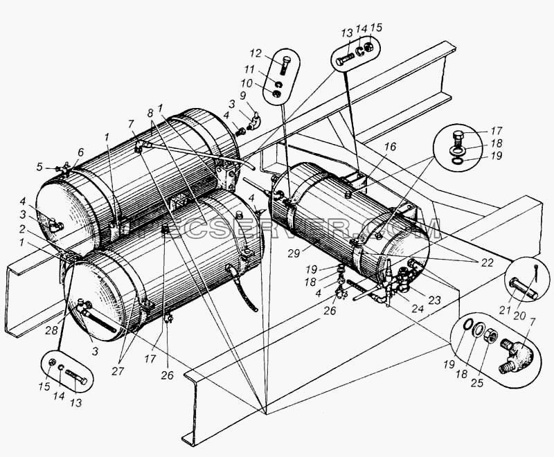 Крепление воздушных баллонов автомобиля МАЗ-5335 для МАЗ-5335 (список запасных частей)