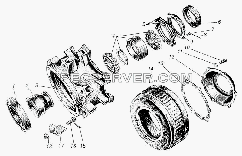 Ступица и тормозной барабан заднего колеса для МАЗ-5335 (список запасных частей)