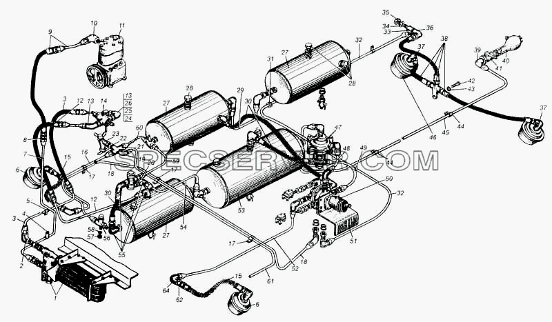 Привод пневматический тормозов автомобиля МАЗ-509А для МАЗ-5335 (список запасных частей)