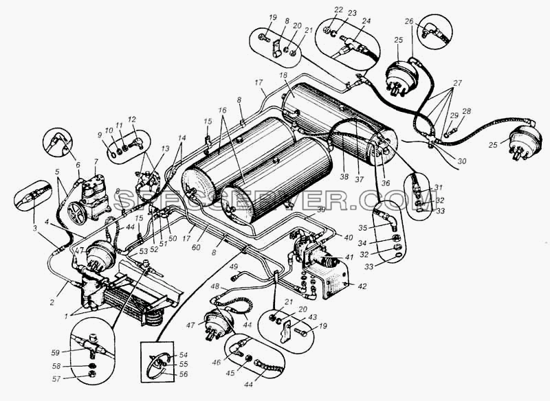 Привод пневматический тормозов автомобиля МАЗ-5549 для МАЗ-5335 (список запасных частей)