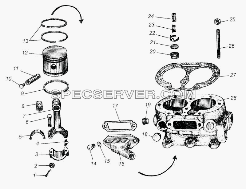 Блок цилиндров, поршни и шатуны компрессора для МАЗ-5335 (список запасных частей)