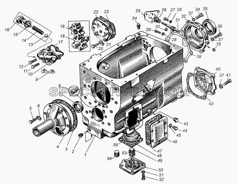 Картер и насос масляный коробки передач для МАЗ-5335 (список запасных частей)