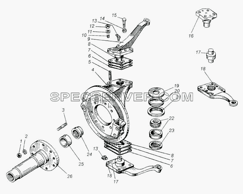 Цапфа поворотная и шкворневое устройство автомобиля МАЗ-509А для МАЗ-5335 (список запасных частей)