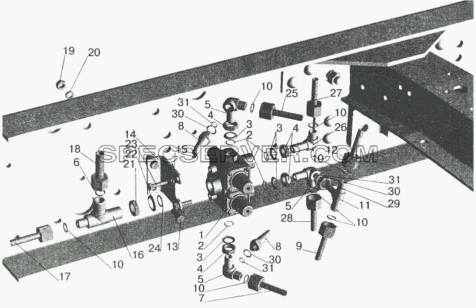 Крепление четырехконтурного клапана (рессорная подвеска, без ограничения скорости) МАЗ-543208, 543205 для МАЗ-6422 (список запасных частей)