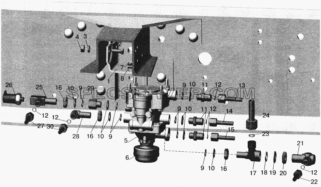 Установка клапана прицепа и присоединительной арматуры МАЗ-543203, 543202 для МАЗ-6422 (список запасных частей)