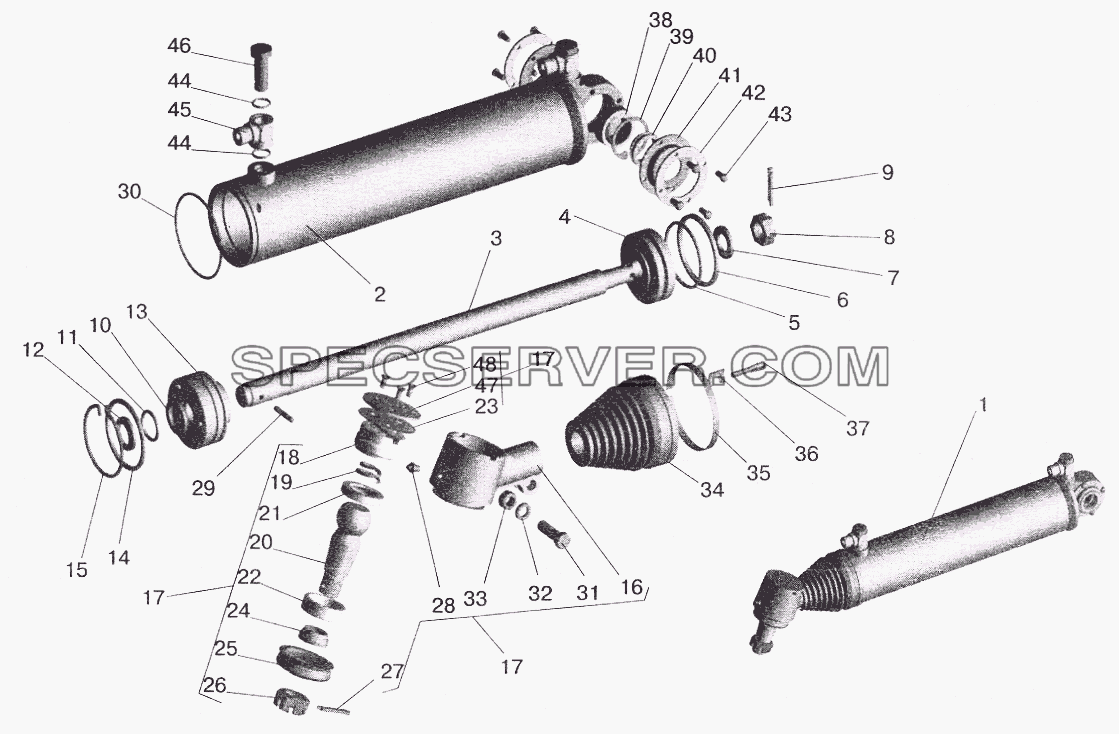 Силовой цилиндр гидроусилителя рулевого управления для МАЗ-6422 (список запасных частей)