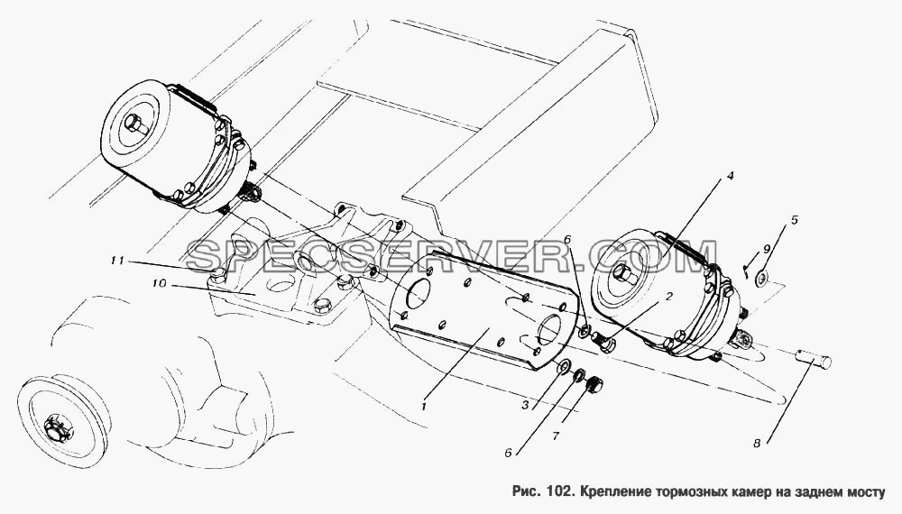 Крепление тормозных камер на заднем мосту для МАЗ-53366 (список запасных частей)