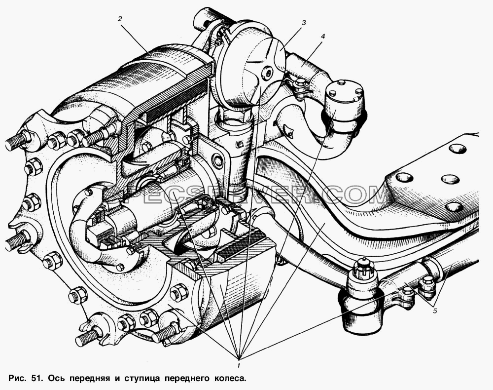 Ось передняя и ступица переднего колеса для МАЗ-53366 (список запасных частей)