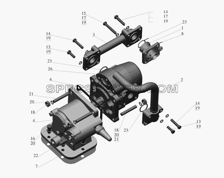 Установка коробки отбора мощности и насоса 555142-8600007 для МАЗ-555142 (список запасных частей)