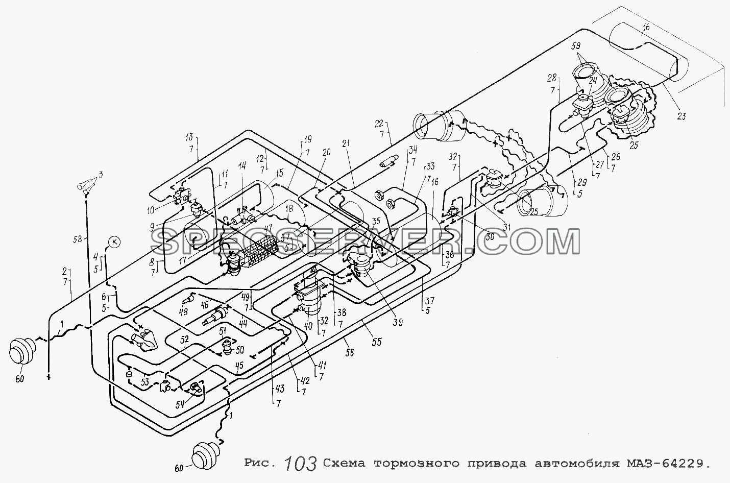 Схема тормозного привода автомобиля МАЗ-64229 для МАЗ-53371 (список запасных частей)