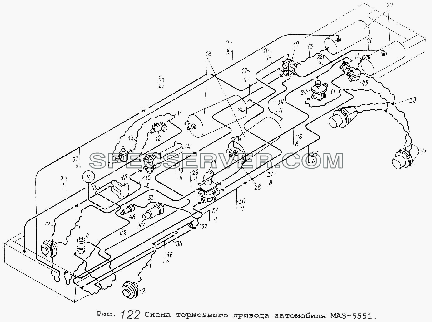 Схема тормозного привода автомобиля МАЗ-5551 для МАЗ-5551 (список запасных частей)