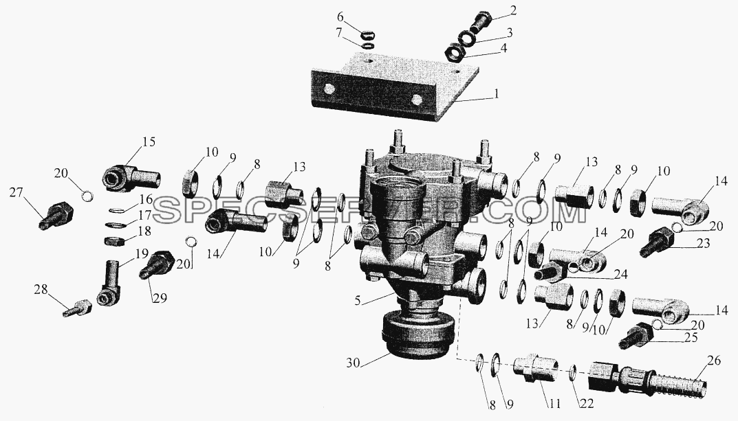 Установка клапана управления тормозами прицепа и присоединительной арматуры для МАЗ-544069 (список запасных частей)