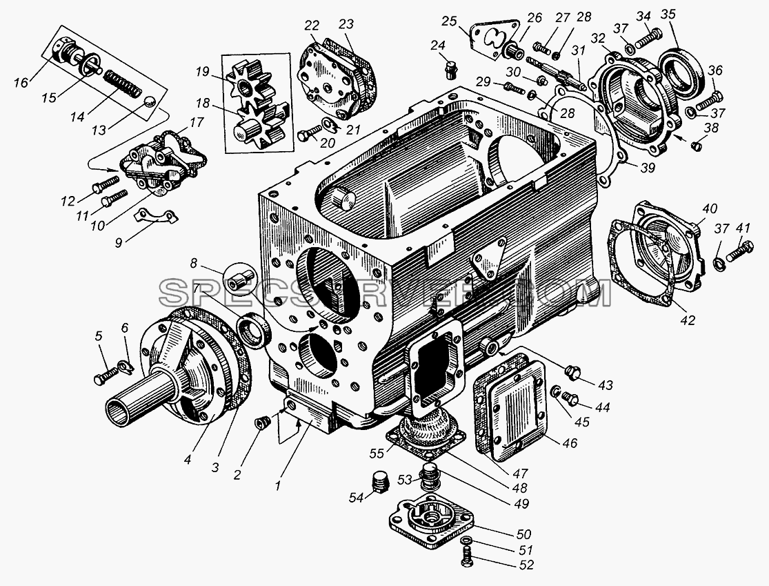 Картер и насос масляный коробки передач для МАЗ-5429 (список запасных частей)