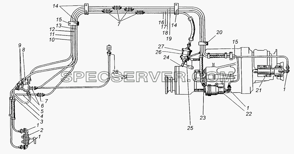 Воздухопроводы системы управления раздаточной коробкой МАЗ-509А для МАЗ-5429 (список запасных частей)