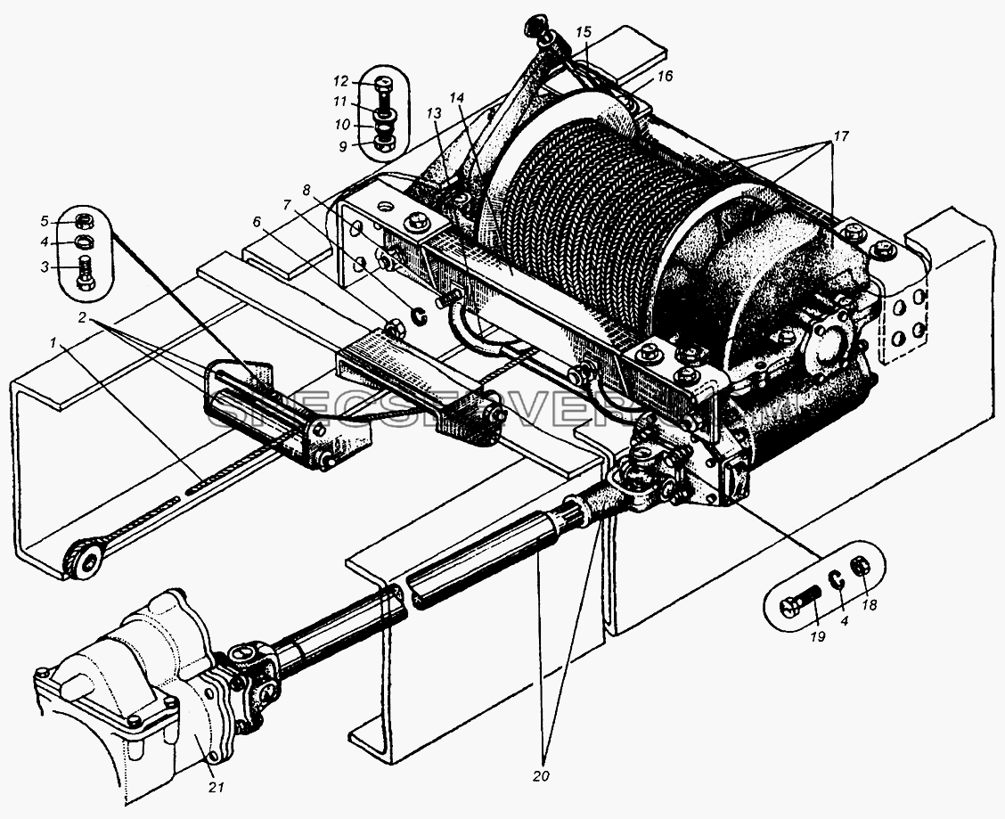 Лебедка, вал карданный лебедки МАЗ-509А для МАЗ-5429 (список запасных частей)