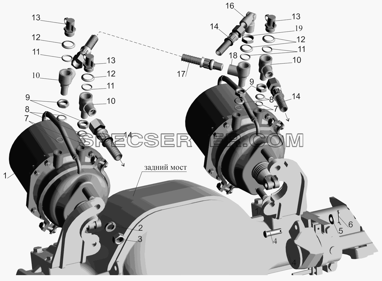 Крепление тормозных камер 4370-3519002 и присоединительной арматуры для МАЗ-437041 (список запасных частей)