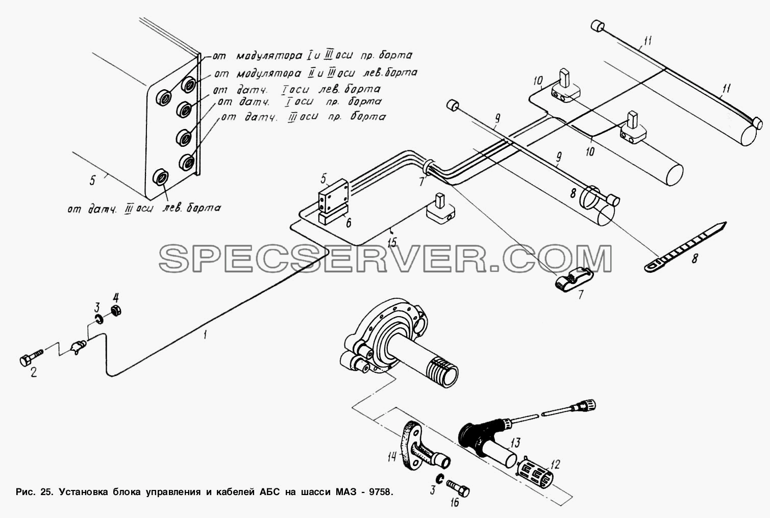 Установка блока управления и кабелей АБС на шасси МАЗ-9758 для МАЗ-9758 (список запасных частей)