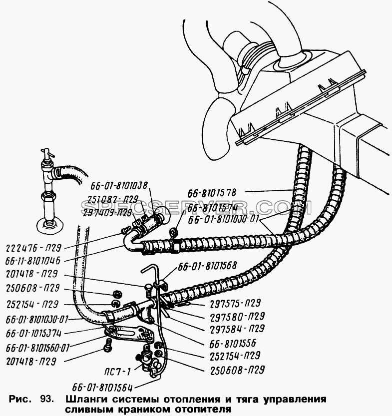Шланги системы отопления и тяга управления сливным краником отопителя для ГАЗ-66 (Каталога 1996 г.) (список запасных частей)