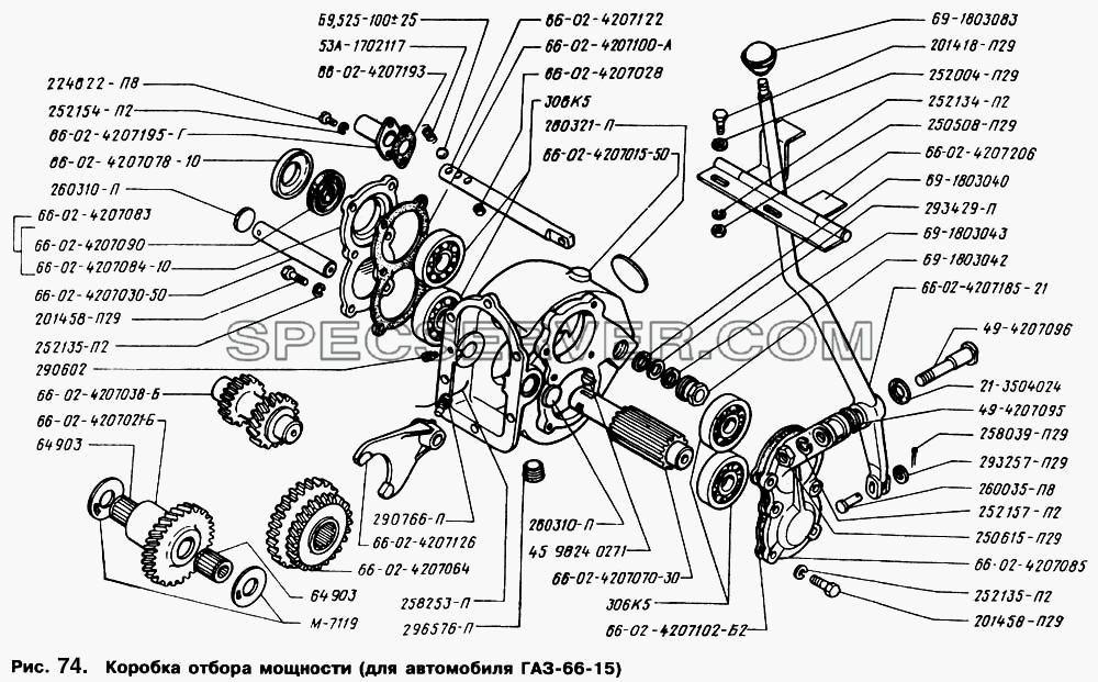 Коробка отбора мощности (для автомобиля ГАЗ-66-15) для ГАЗ-66 (Каталога 1996 г.) (список запасных частей)
