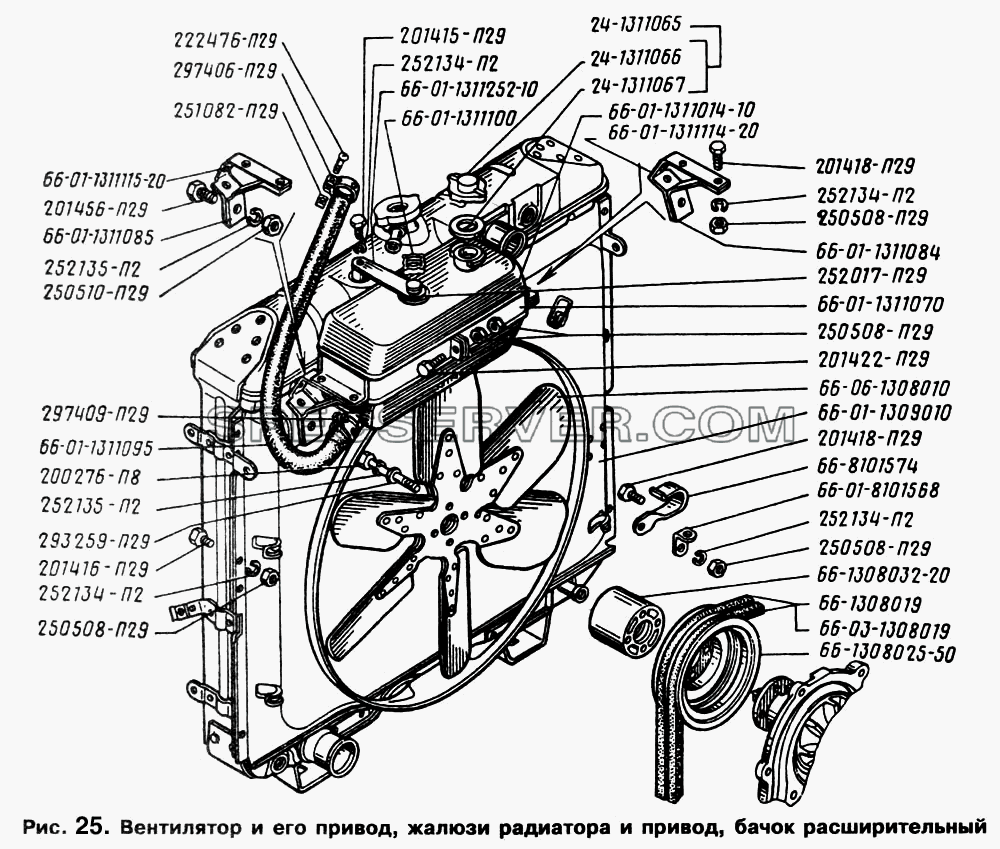 Вентилятор и его привод, жалюзи радиатора и привод, бачок расширительный для ГАЗ-66 (Каталога 1996 г.) (список запасных частей)