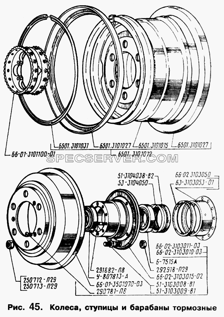 Колеса, ступицы и барабаны тормозные для ГАЗ-66 (Каталога 1996 г.) (список запасных частей)