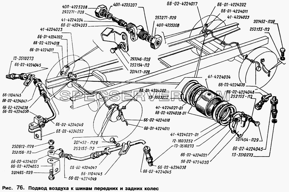 Подвод воздуха к шинам передних и задних колес для ГАЗ-66 (Каталога 1996 г.) (список запасных частей)