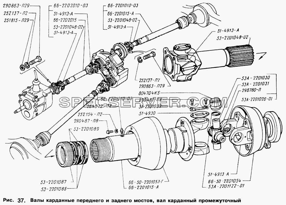 Валы карданные переднего и заднего мостов, вал карданный промежуточный для ГАЗ-66 (Каталога 1996 г.) (список запасных частей)