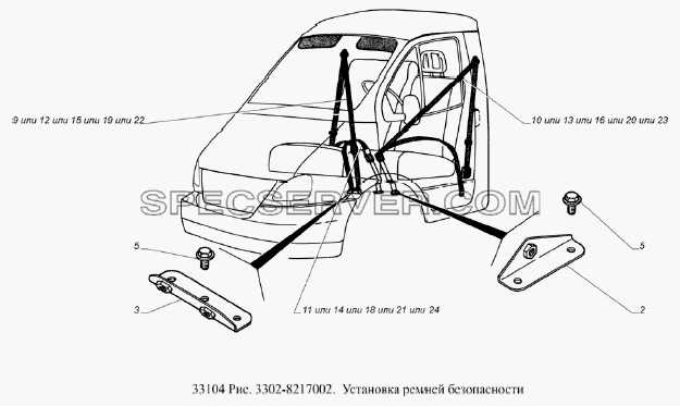 Установка ремней безопасности для ГАЗ-33104 Валдай Евро 3 (список запасных частей)