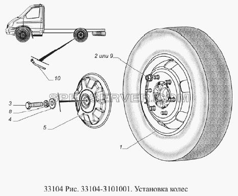 Установка колес для ГАЗ-33104 Валдай Евро 3 (список запасных частей)