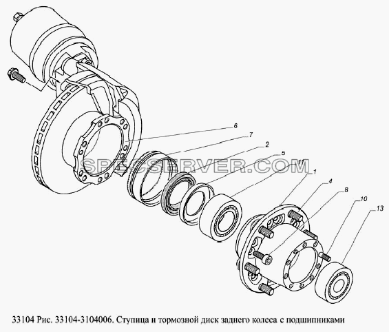 Ступица и тормозной диск заднего колеса с подшипниками для ГАЗ-33104 Валдай Евро 3 (список запасных частей)