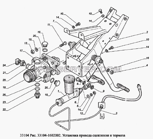 Установка привода сцепления и тормоза для ГАЗ-33104 Валдай Евро 3 (список запасных частей)