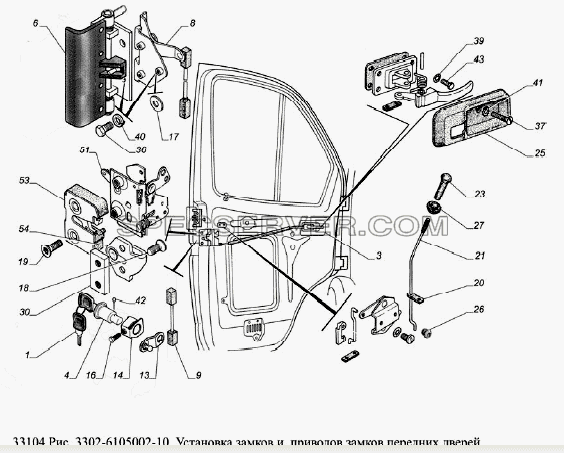 Установка замков и приводов замков передних дверей для ГАЗ-33104 Валдай Евро 3 (список запасных частей)