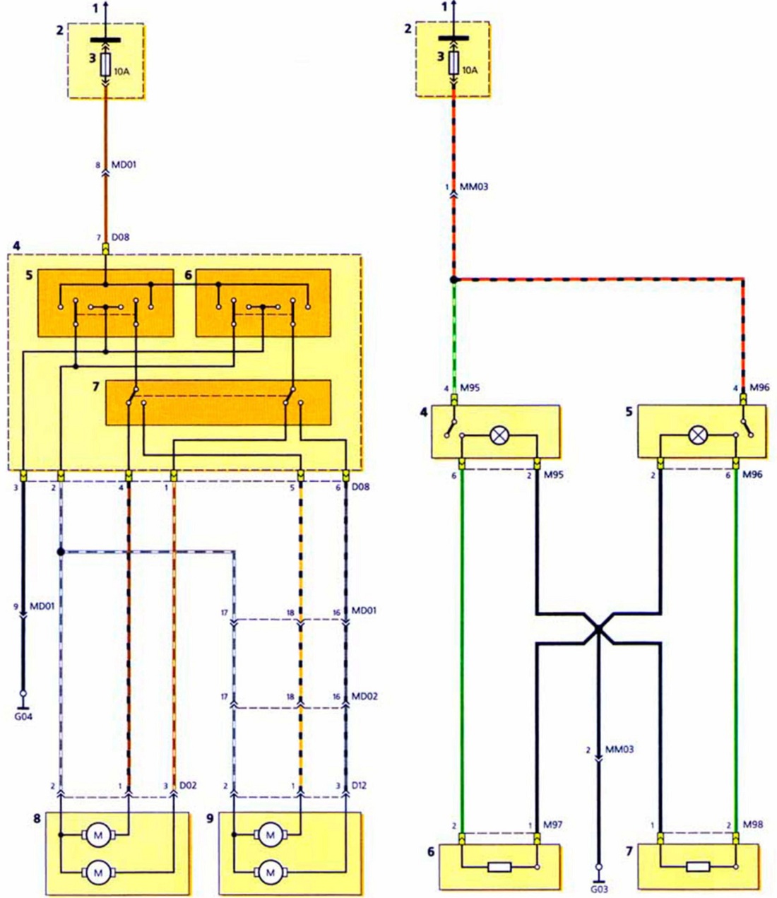 Схема включения электропривода наружных зеркал заднего вида - Хендай Акцент Тагаз (Hyundai Accent)