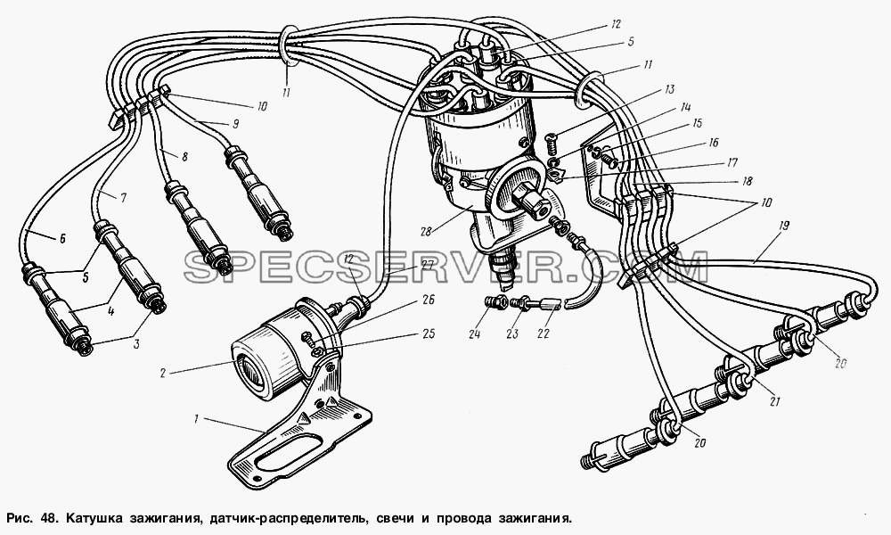 Катушка зажигания, датчик-распределитель, свечи и провода зажигания для ГАЗ-3307 (список запасных частей)