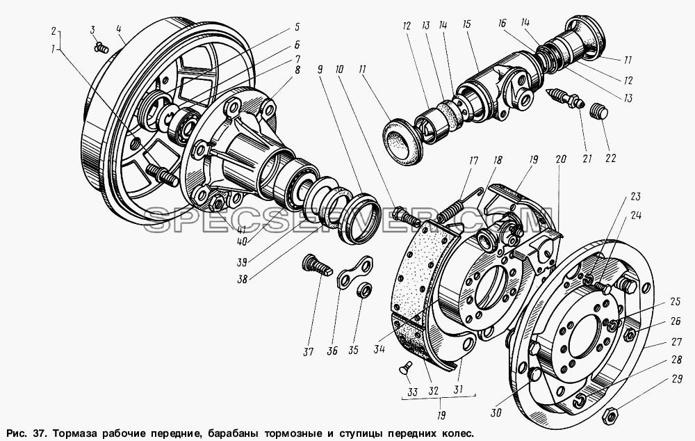 Тормоза рабочие передние, барабаны тормозные и ступицы передних колес для ГАЗ-3307 (список запасных частей)
