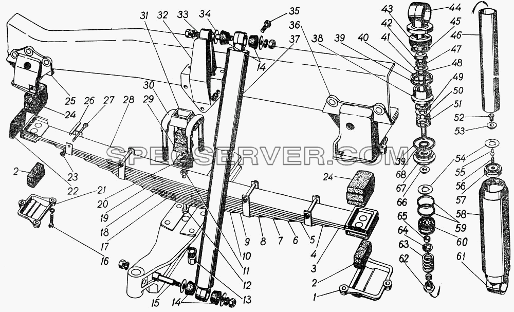 Передние рессоры и амортизаторы передней подвески для ГАЗ-5312 (список запасных частей)