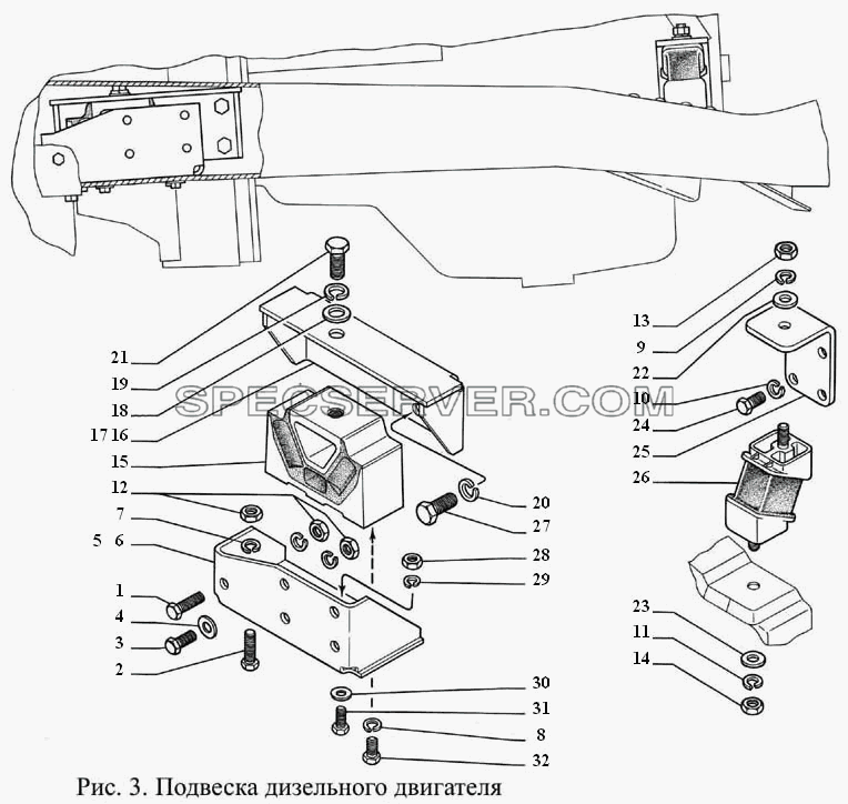 Подвеска дизельного двигателя для ГАЗ-3308 (список запасных частей)
