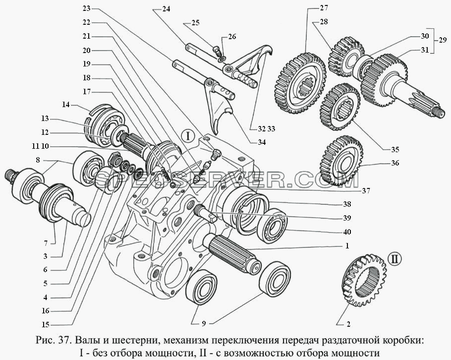 Валы и шестерни, механизм переключения передач раздаточной коробки для ГАЗ-3308 (список запасных частей)