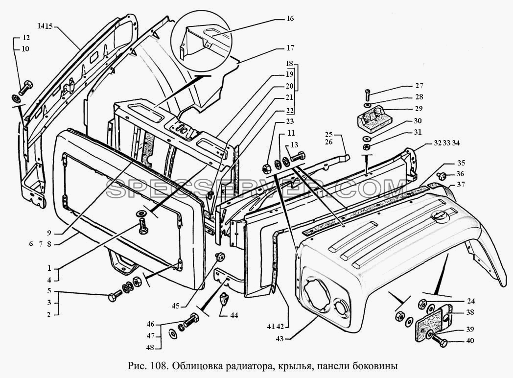 Облицовка радиатора, крылья, панели боковины для ГАЗ-3308 (список запасных частей)