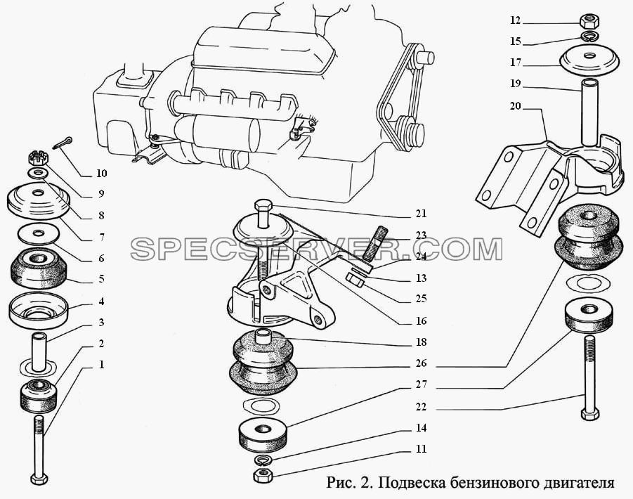 Подвеска бензинового двигателя для ГАЗ-3308 (список запасных частей)