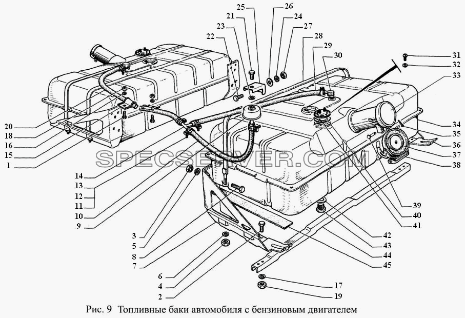 Топливные баки автомобиля с бензиновым двигателем для ГАЗ-3308 (список запасных частей)