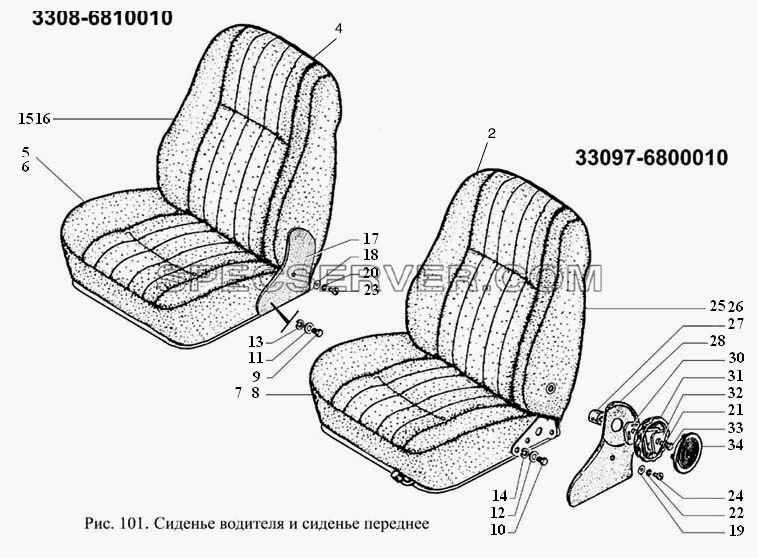 Сиденье водителя и сиденье переднее для ГАЗ-3308 (список запасных частей)
