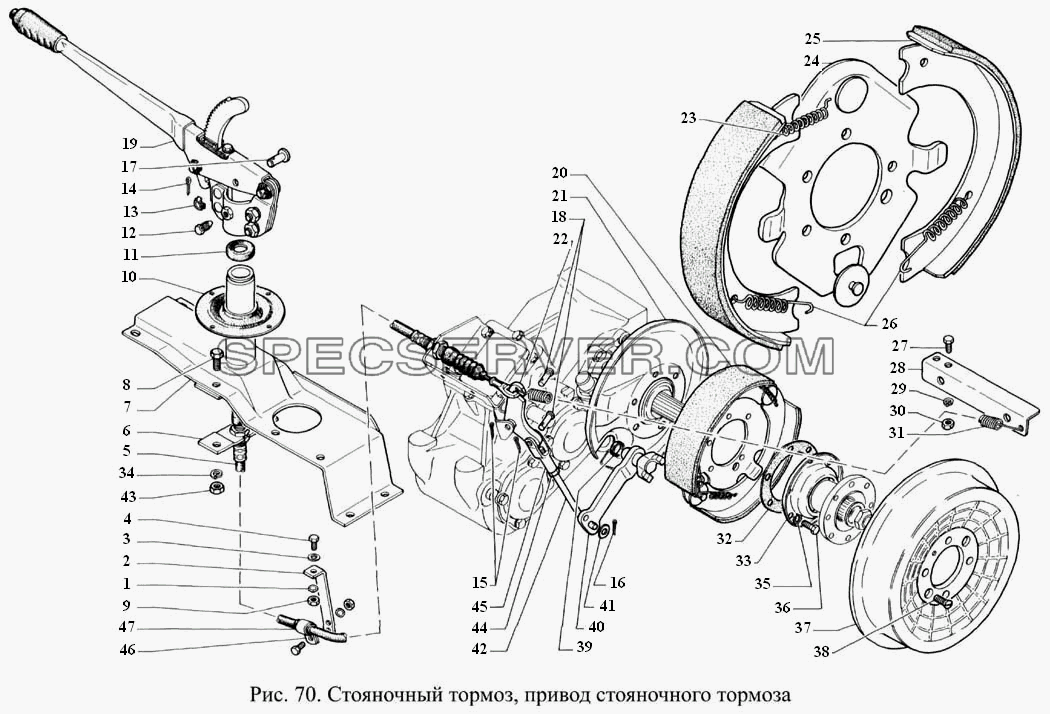 Стояночный тормоз, привод стояночного тормоза для ГАЗ-3308 (список запасных частей)